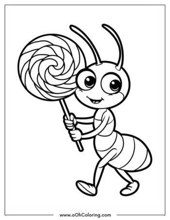 A coloring page of a smiling ant holding a large lollipop