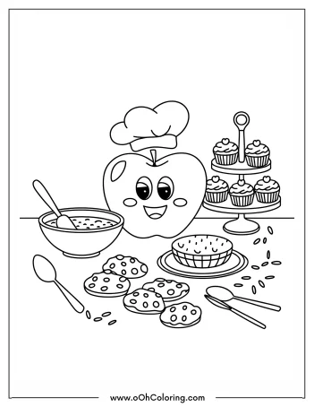A coloring page of a smiling apple wearing a chef's hat with a spread of desserts