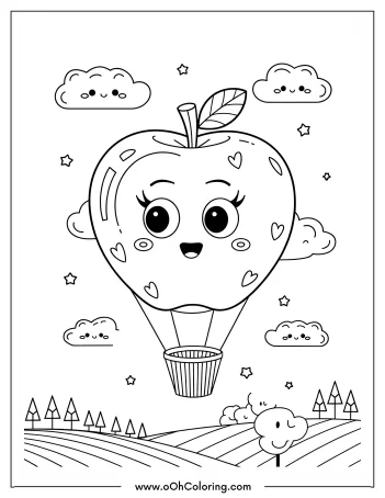 Coloring page of a smiling apple hot air balloon with clouds