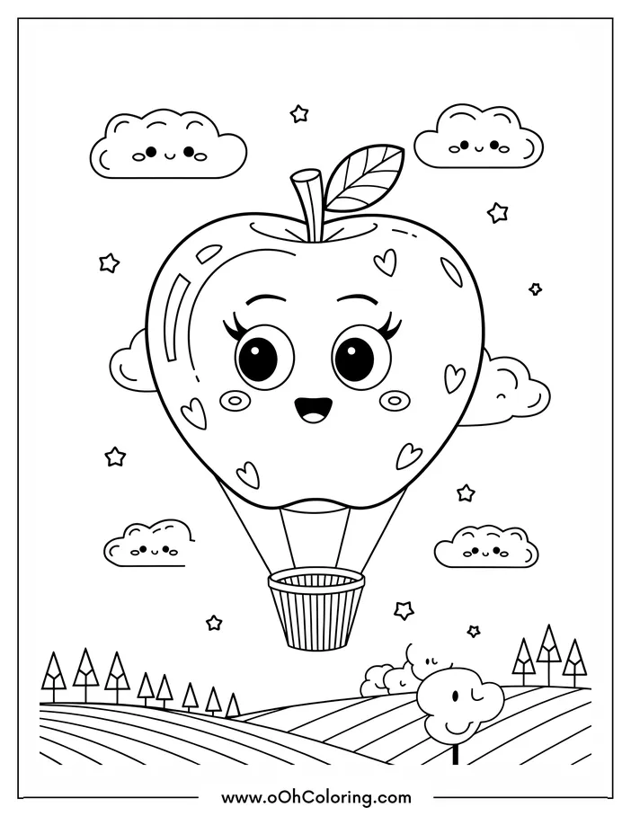 Coloring page of a smiling apple hot air balloon with clouds