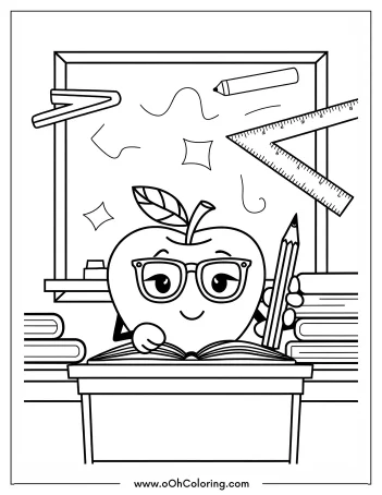 Coloring page of a smiling apple with glasses and a pencil in a classroom setting