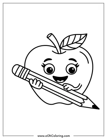 A coloring page of a smiling apple character holding a pencil.