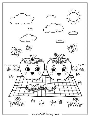 Coloring page of two smiling apples having a picnic with butterflies and flowers.