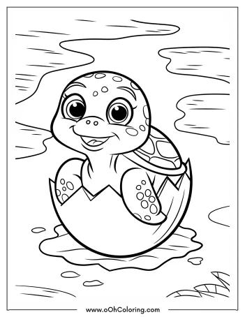 A coloring page of a smiling baby turtle hatching from its egg