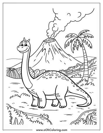 A coloring page of a dinosaur with a volcano in the background