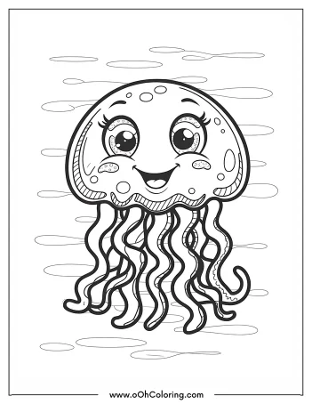 A coloring page of a smiling jellyfish with big eyes and flowing tentacles
