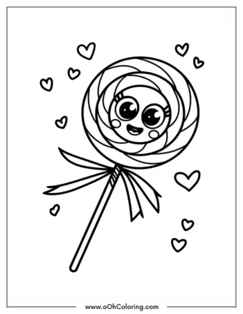 A coloring page of a smiling lollipop with eyes and hearts around it