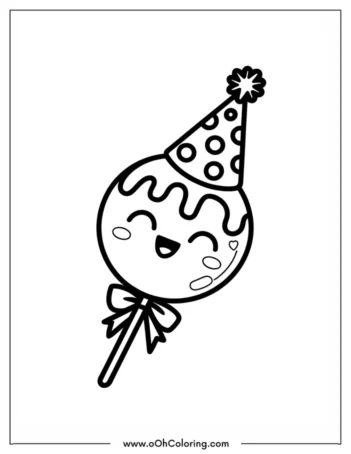 A coloring page of a happy lollipop with a party hat