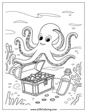 Coloring page of an octopus with a treasure chest and coins