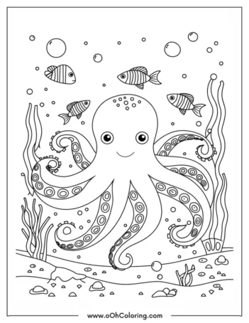 A coloring page of a smiling octopus with fish around it