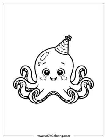 Coloring page of a smiling octopus with a party hat