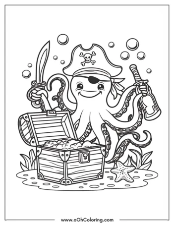 A coloring page of a smiling pirate octopus with a sword, bottle, and treasure chest.