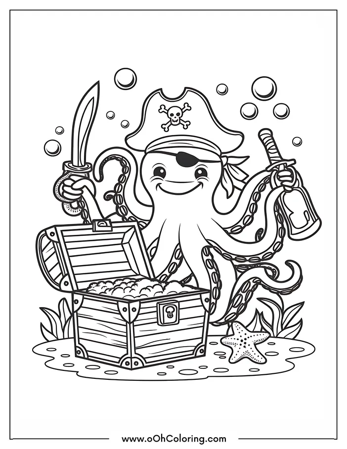 A coloring page of a smiling pirate octopus with a sword, bottle, and treasure chest.
