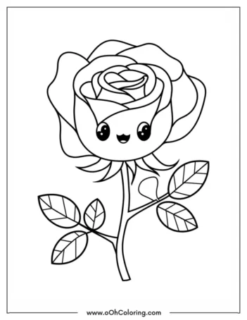 A coloring page of a smiling rose with expressive eyes
