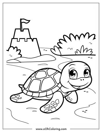 Coloring page of a smiling turtle with a sandcastle nearby