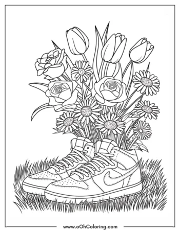 A coloring page of sneakers with a bouquet of flowers inside them