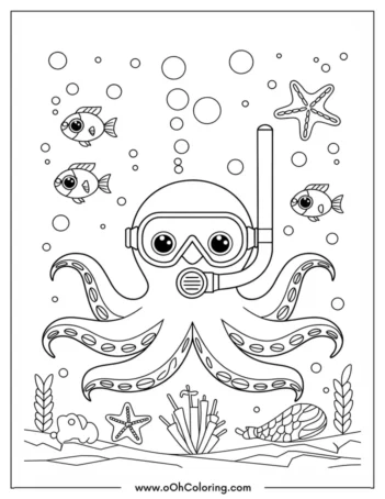 Coloring page of an octopus with a snorkel surrounded by fish and sea elements