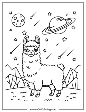 Coloring page of a llama on a planet with stars and planets around