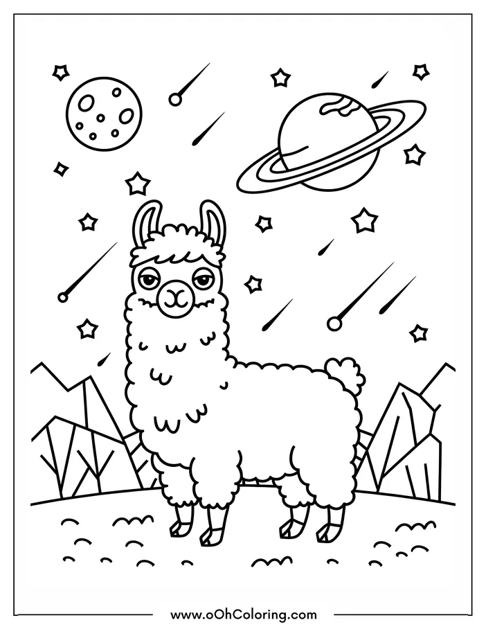 Coloring page of a llama on a planet with stars and planets around