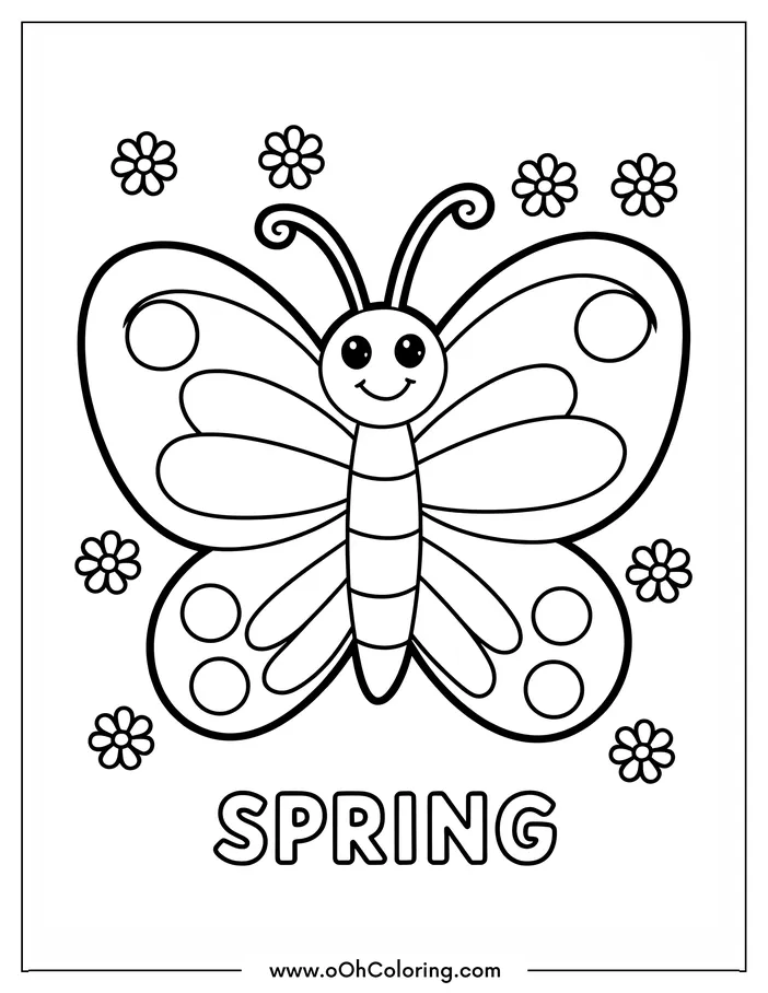 Coloring page showing a smiling butterfly surrounded by flowers with the word 'Spring'.