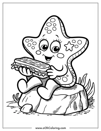 Coloring page of a starfish sitting on a rock holding a sandwich