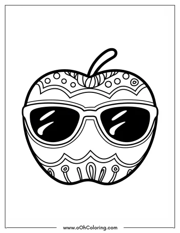Coloring page of an apple wearing sunglasses with decorative patterns