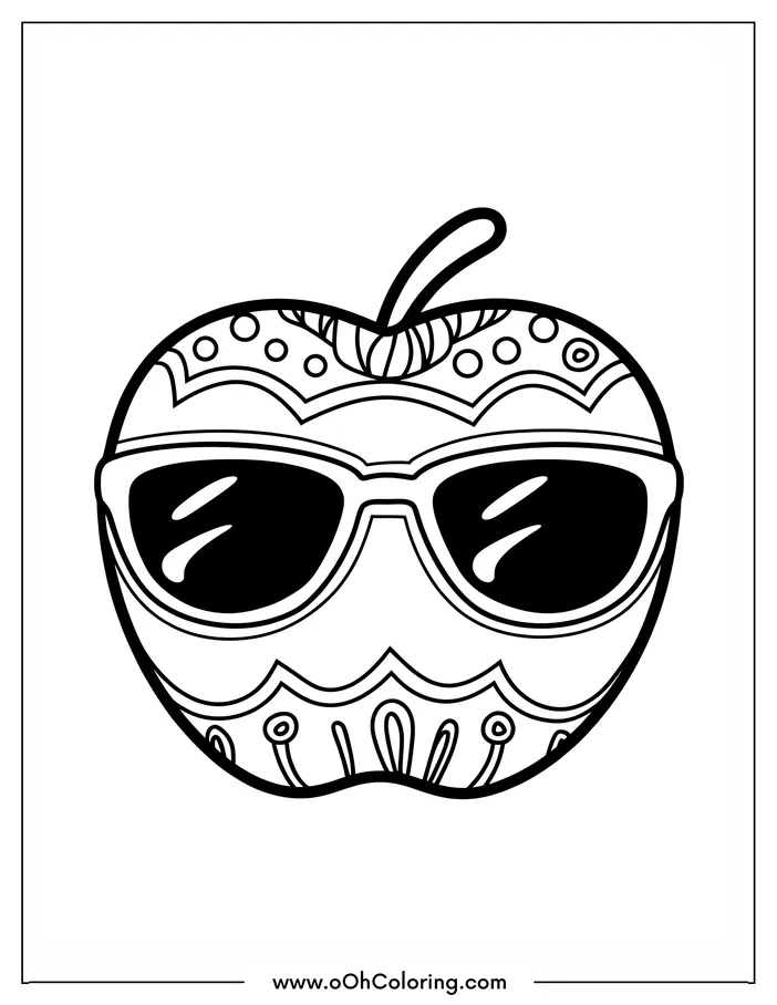 Coloring page of an apple wearing sunglasses with decorative patterns