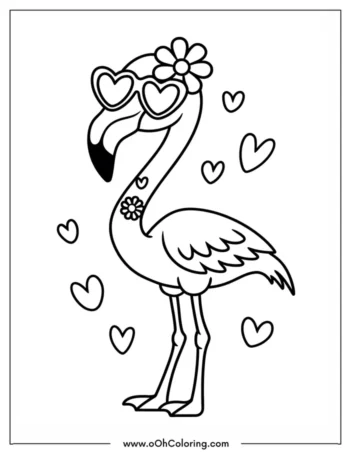 A coloring page of a flamingo with heart-shaped glasses and a floral headband, surrounded by hearts