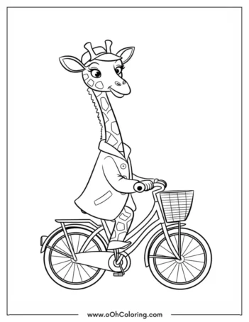 A coloring page of a giraffe in a jacket riding a bicycle