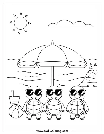Coloring page of three turtles with sunglasses under an umbrella at the beach
