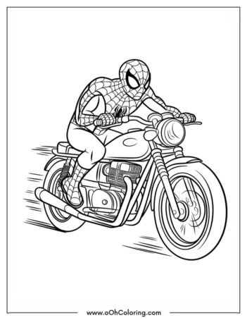 A superhero character riding a motorcycle on a coloring page