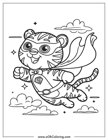 Superhero tiger with a cape flying through the clouds on a coloring page.