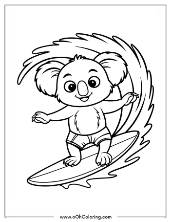 Koala surfing on a wave coloring page.