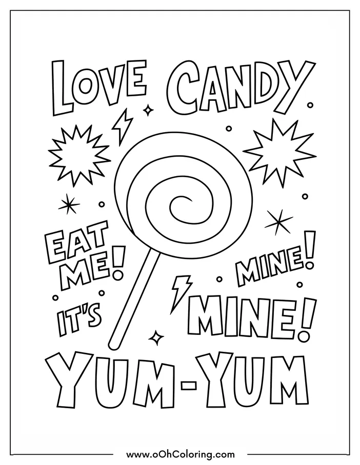 A coloring page with a large lollipop and playful words