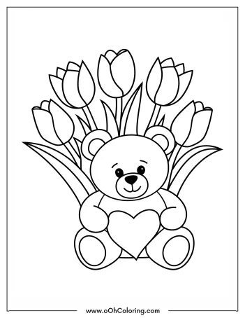 A coloring page of a teddy bear holding a heart with tulips in the background