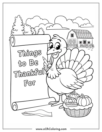 Turkey with a scroll, pumpkins, and farmhouse coloring page