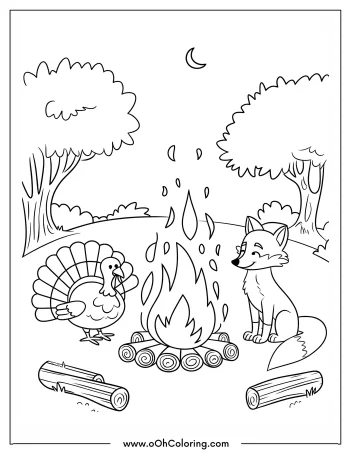 Coloring page with a turkey and a fox by a campfire in the woods.