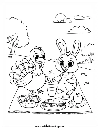 Turkey and bunny enjoying a picnic.