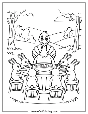 Turkeys and bunnies gather around a table in a scenic landscape.