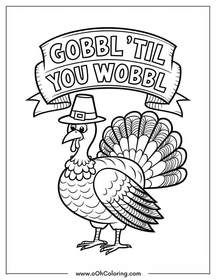 Coloring page of a turkey and two chicks with falling leaves and trees.
