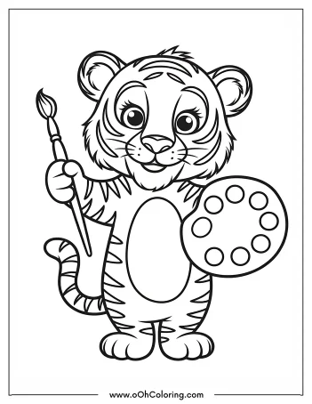Tiger holding a paintbrush and palette coloring page.