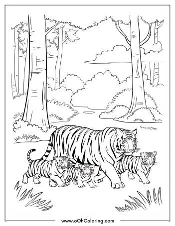 Coloring page of a tiger family in a forest setting.