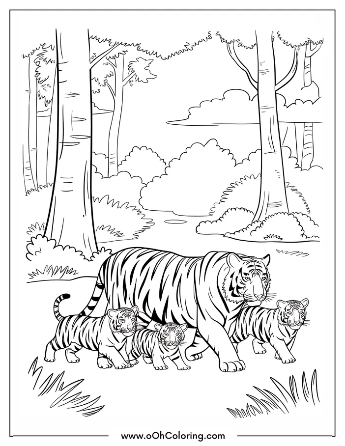 Coloring page of a tiger family in a forest setting.