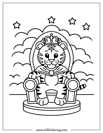 Cartoon tiger with a crown sitting on a throne with stars and clouds.