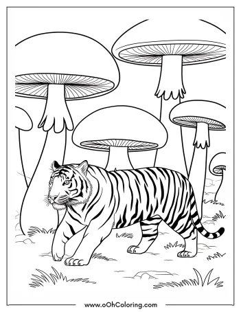 Tiger walking through a forest of large mushrooms, suitable for coloring.