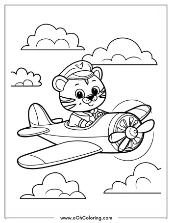 Tiger wearing a pilot hat flying an airplane in a cloudy sky, coloring page.