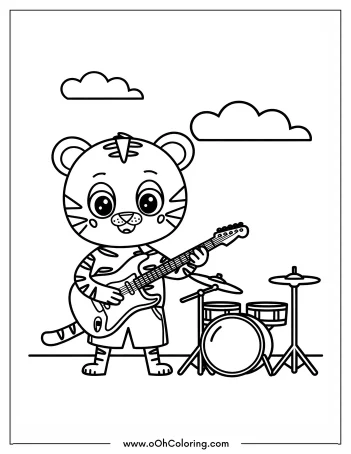 Cheerful tiger playing electric guitar with drum set in background.