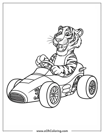 Cartoon tiger driving a race car coloring page