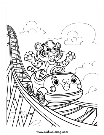 Tiger joyfully riding a roller coaster in a coloring page.