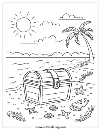 Coloring page of a treasure chest on a beach with seashells and a palm tree.